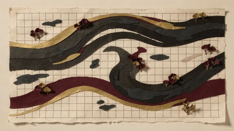 切り紙の絵。曲がって流れる川の上に、碁盤の目の線が引かれている