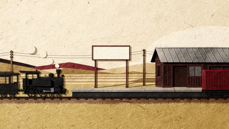 切り紙の絵。小さな木の駅と、何も書かれていない駅名の板、着いたばかりの蒸気機関車