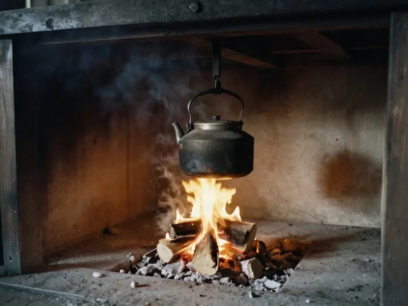 A fire burning in a hearth with an iron kettle