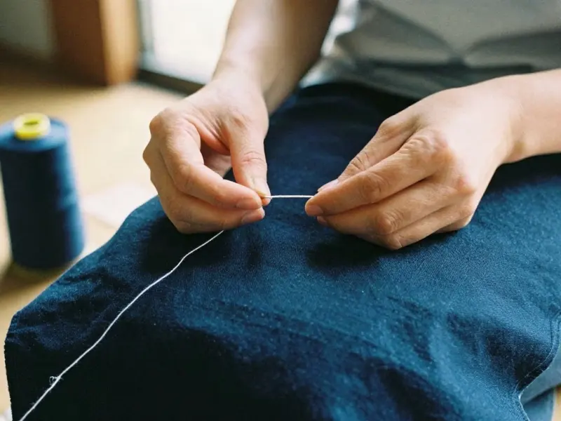 Hands passing a needle through dark blue cloth