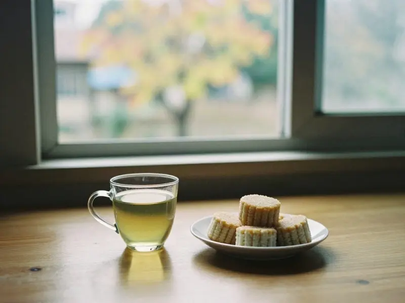 Tea and sweets on a table by a window